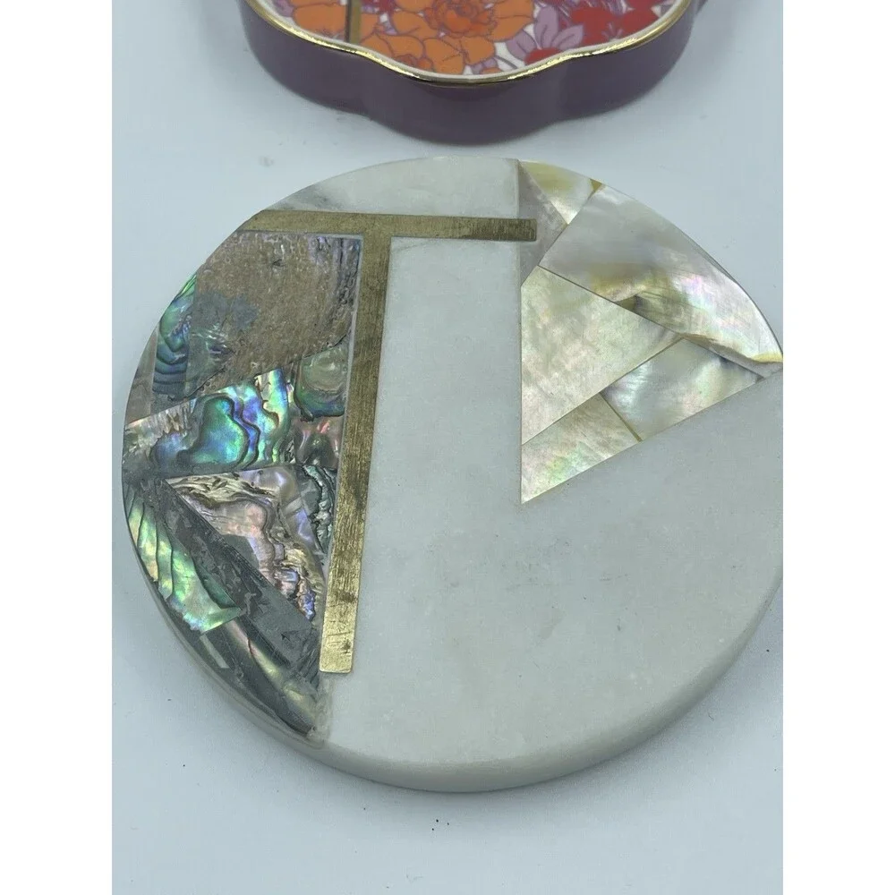 Anthropologie Monogram T Lid Trinket Dish Marble Abalone Floral Ceramic Coaster